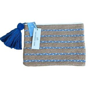 Southern Tide Tide Jute Braided Pom Pom Tassel Clutch Beach Summer Preppy Blue